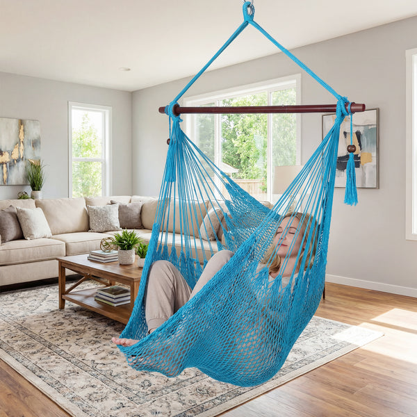 Triple-strand polyester rope ensures breathable comfort<br>Stretchable seat design offers spacious sitting or lying space<br>Strong metal spreader bar supports up to 330 lbs safely<br>Reinforced hanging loops and anti-slip grooves enhance stability<br>Car
