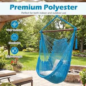 Triple-strand polyester rope ensures breathable comfort<br>Stretchable seat design offers spacious sitting or lying space<br>Strong metal spreader bar supports up to 330 lbs safely<br>Reinforced hanging loops and anti-slip grooves enhance stability<br>Car