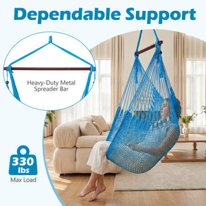 Triple-strand polyester rope ensures breathable comfort<br>Stretchable seat design offers spacious sitting or lying space<br>Strong metal spreader bar supports up to 330 lbs safely<br>Reinforced hanging loops and anti-slip grooves enhance stability<br>Car