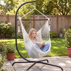 Triple-strand polyester rope ensures breathable comfort<br>Stretchable seat design offers spacious sitting or lying space<br>Strong metal spreader bar supports up to 330 lbs safely<br>Reinforced hanging loops and anti-slip grooves enhance stability<br>Car