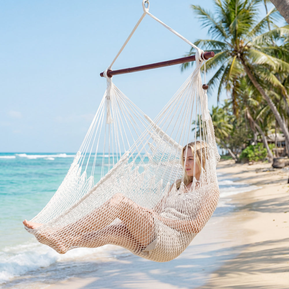 Triple-strand polyester rope ensures breathable comfort<br>Stretchable seat design offers spacious sitting or lying space<br>Strong metal spreader bar supports up to 330 lbs safely<br>Reinforced hanging loops and anti-slip grooves enhance stability<br>Car