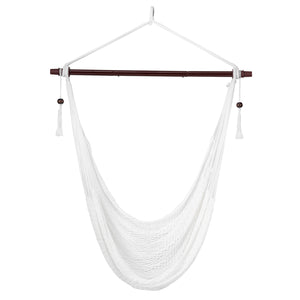 Triple-strand polyester rope ensures breathable comfort<br>Stretchable seat design offers spacious sitting or lying space<br>Strong metal spreader bar supports up to 330 lbs safely<br>Reinforced hanging loops and anti-slip grooves enhance stability<br>Car