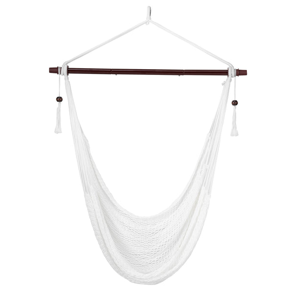 Triple-strand polyester rope ensures breathable comfort<br>Stretchable seat design offers spacious sitting or lying space<br>Strong metal spreader bar supports up to 330 lbs safely<br>Reinforced hanging loops and anti-slip grooves enhance stability<br>Car