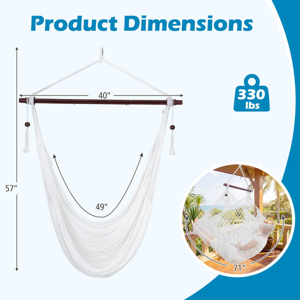 Triple-strand polyester rope ensures breathable comfort<br>Stretchable seat design offers spacious sitting or lying space<br>Strong metal spreader bar supports up to 330 lbs safely<br>Reinforced hanging loops and anti-slip grooves enhance stability<br>Car