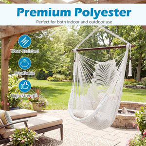 Triple-strand polyester rope ensures breathable comfort<br>Stretchable seat design offers spacious sitting or lying space<br>Strong metal spreader bar supports up to 330 lbs safely<br>Reinforced hanging loops and anti-slip grooves enhance stability<br>Car