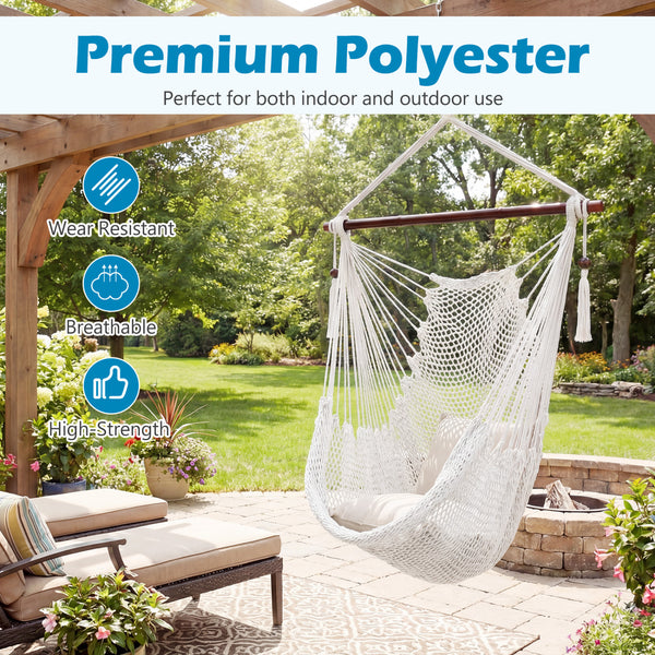Triple-strand polyester rope ensures breathable comfort<br>Stretchable seat design offers spacious sitting or lying space<br>Strong metal spreader bar supports up to 330 lbs safely<br>Reinforced hanging loops and anti-slip grooves enhance stability<br>Car
