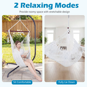 Triple-strand polyester rope ensures breathable comfort<br>Stretchable seat design offers spacious sitting or lying space<br>Strong metal spreader bar supports up to 330 lbs safely<br>Reinforced hanging loops and anti-slip grooves enhance stability<br>Car