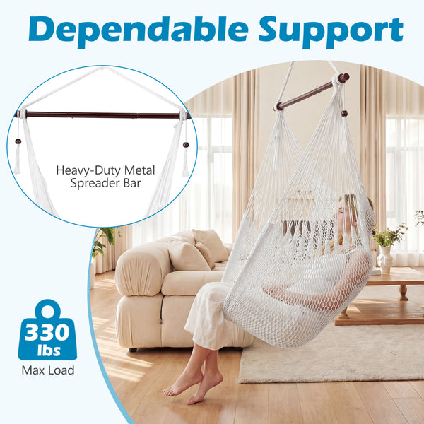 Triple-strand polyester rope ensures breathable comfort<br>Stretchable seat design offers spacious sitting or lying space<br>Strong metal spreader bar supports up to 330 lbs safely<br>Reinforced hanging loops and anti-slip grooves enhance stability<br>Car