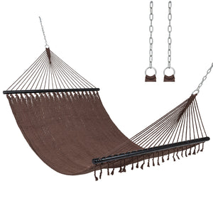 Spacious bed surface comfortably fits 2 people side-by-side<br>Supports up to 600 lbs for secure double lounging<br>Hardwood spreader bars keep hammock flat and stable<br>Countersunk holes reduce rope friction for durability<br>Reinforced triangular rope 
