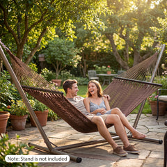 Spacious bed surface comfortably fits 2 people side-by-side<br>Supports up to 600 lbs for secure double lounging<br>Hardwood spreader bars keep hammock flat and stable<br>Countersunk holes reduce rope friction for durability<br>Reinforced triangular rope 