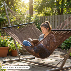Spacious bed surface comfortably fits 2 people side-by-side<br>Supports up to 600 lbs for secure double lounging<br>Hardwood spreader bars keep hammock flat and stable<br>Countersunk holes reduce rope friction for durability<br>Reinforced triangular rope 