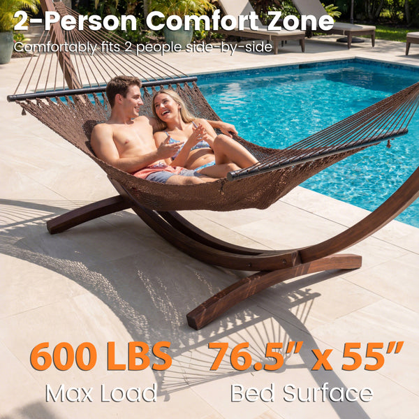 Spacious bed surface comfortably fits 2 people side-by-side<br>Supports up to 600 lbs for secure double lounging<br>Hardwood spreader bars keep hammock flat and stable<br>Countersunk holes reduce rope friction for durability<br>Reinforced triangular rope 