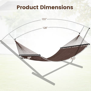 Spacious bed surface comfortably fits 2 people side-by-side<br>Supports up to 600 lbs for secure double lounging<br>Hardwood spreader bars keep hammock flat and stable<br>Countersunk holes reduce rope friction for durability<br>Reinforced triangular rope 