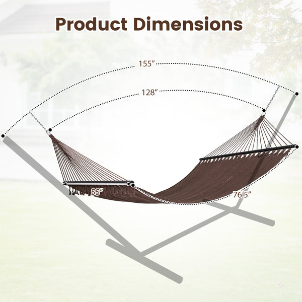 Spacious bed surface comfortably fits 2 people side-by-side<br>Supports up to 600 lbs for secure double lounging<br>Hardwood spreader bars keep hammock flat and stable<br>Countersunk holes reduce rope friction for durability<br>Reinforced triangular rope 