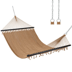 Spacious bed surface comfortably fits 2 people side-by-side<br>Supports up to 600 lbs for secure double lounging<br>Hardwood spreader bars keep hammock flat and stable<br>Countersunk holes reduce rope friction for durability<br>Reinforced triangular rope 
