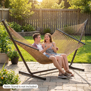 Spacious bed surface comfortably fits 2 people side-by-side<br>Supports up to 600 lbs for secure double lounging<br>Hardwood spreader bars keep hammock flat and stable<br>Countersunk holes reduce rope friction for durability<br>Reinforced triangular rope 