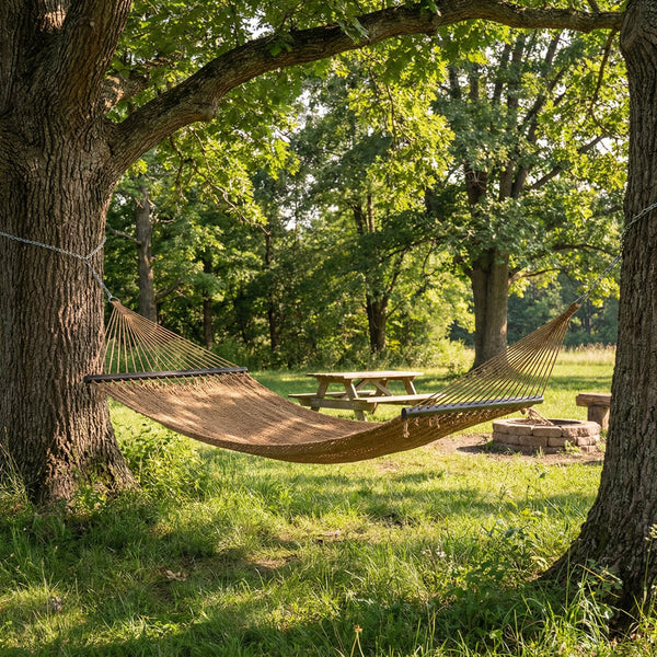 Spacious bed surface comfortably fits 2 people side-by-side<br>Supports up to 600 lbs for secure double lounging<br>Hardwood spreader bars keep hammock flat and stable<br>Countersunk holes reduce rope friction for durability<br>Reinforced triangular rope 
