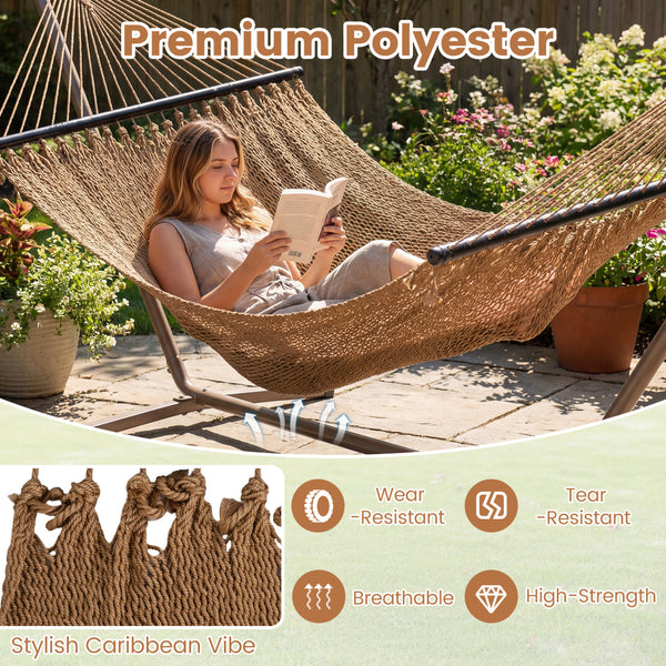 Spacious bed surface comfortably fits 2 people side-by-side<br>Supports up to 600 lbs for secure double lounging<br>Hardwood spreader bars keep hammock flat and stable<br>Countersunk holes reduce rope friction for durability<br>Reinforced triangular rope 