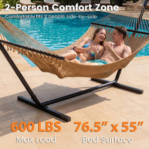 Spacious bed surface comfortably fits 2 people side-by-side<br>Supports up to 600 lbs for secure double lounging<br>Hardwood spreader bars keep hammock flat and stable<br>Countersunk holes reduce rope friction for durability<br>Reinforced triangular rope 