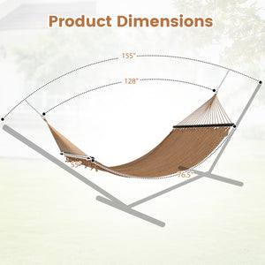Spacious bed surface comfortably fits 2 people side-by-side<br>Supports up to 600 lbs for secure double lounging<br>Hardwood spreader bars keep hammock flat and stable<br>Countersunk holes reduce rope friction for durability<br>Reinforced triangular rope 