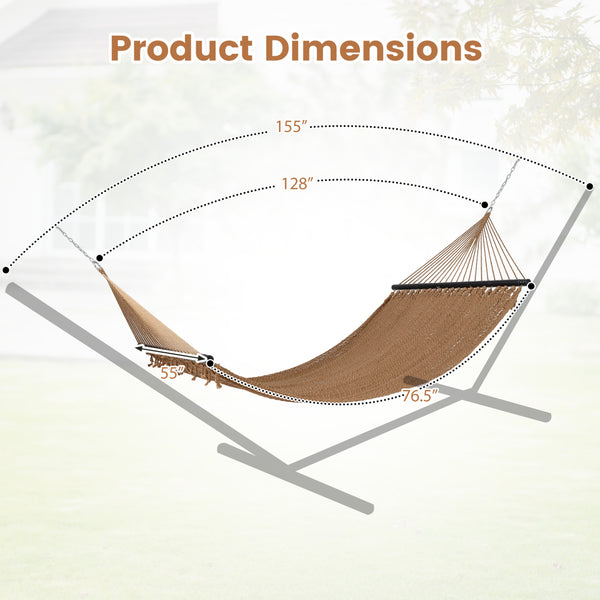 Spacious bed surface comfortably fits 2 people side-by-side<br>Supports up to 600 lbs for secure double lounging<br>Hardwood spreader bars keep hammock flat and stable<br>Countersunk holes reduce rope friction for durability<br>Reinforced triangular rope 