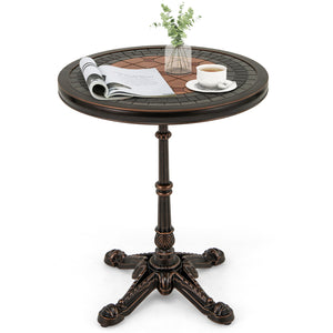 The aluminum frame is sturdy  all-weather and enduring<br>Stable cross-shaped structure for great support <br>Equipped with adjustable foot pads for added stability<br>Practical dining table keeps daily items within reach<br>Unique painted tabletop elevat