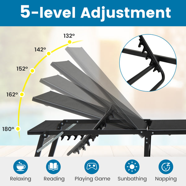 Please protect the lounge chairs with cover in rainy days for longer using<br>5-level adjustable backrest meets different requirements<br>Back adjustment device makes it easy to fix and adjust<br>High backrest offers comfortable back support<br>Lay down t