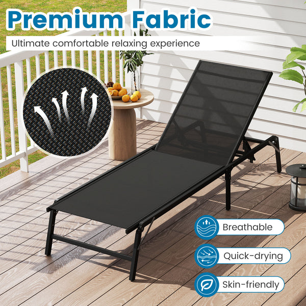 Please protect the lounge chairs with cover in rainy days for longer using<br>5-level adjustable backrest meets different requirements<br>Back adjustment device makes it easy to fix and adjust<br>High backrest offers comfortable back support<br>Lay down t