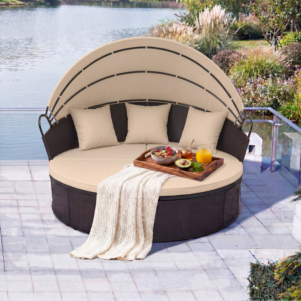Spacious and comfortable seat for lying down<br>Convertible design for versatile use as a conversation set<br>Cozy cushions and pillows with high-density fillings<br>Easy maintenance with smooth zippers on cushions<br>Adjustable and retractable canopy for