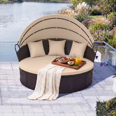 Spacious and comfortable seat for lying down<br>Convertible design for versatile use as a conversation set<br>Cozy cushions and pillows with high-density fillings<br>Easy maintenance with smooth zippers on cushions<br>Adjustable and retractable canopy for