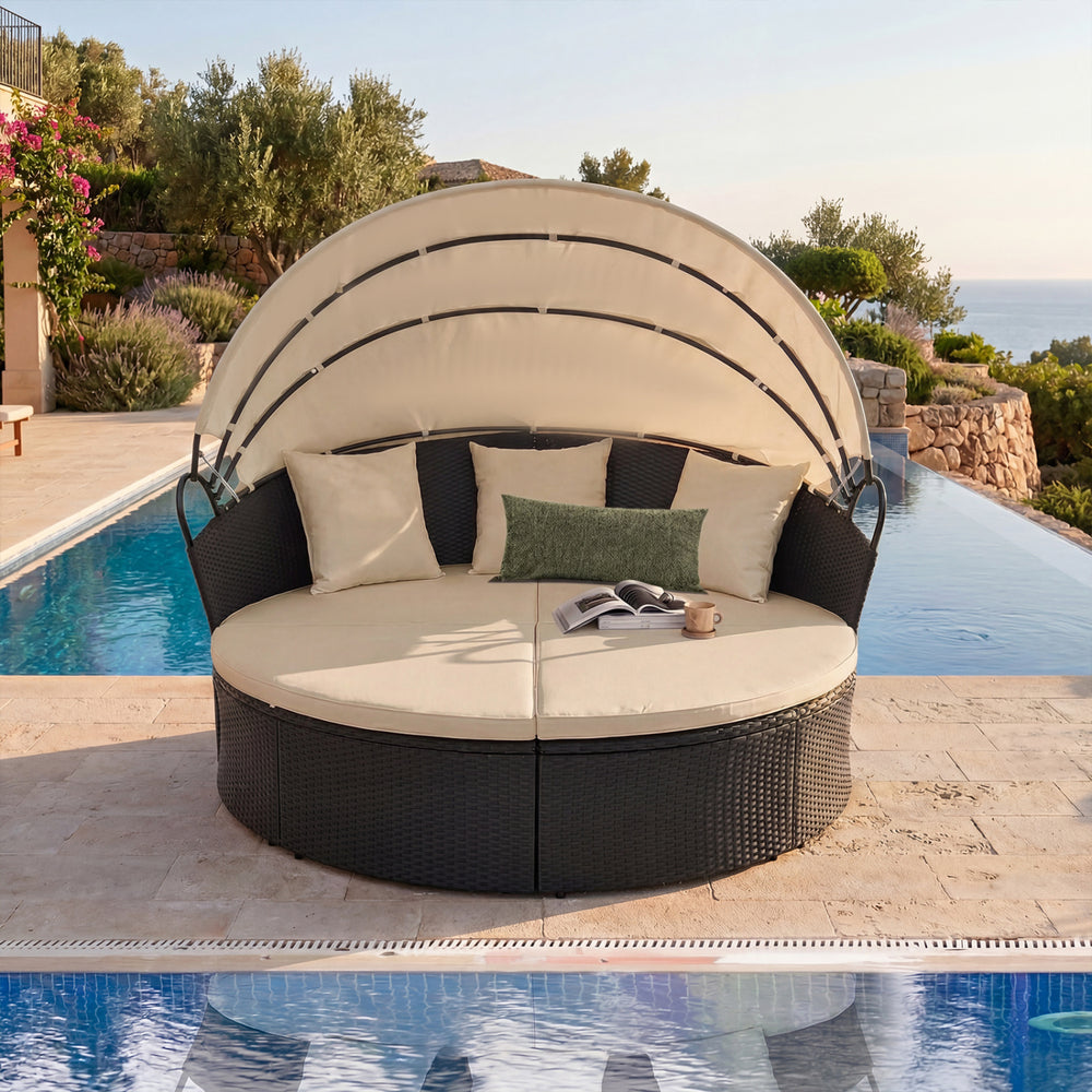 Spacious and comfortable seat for lying down<br>Convertible design for versatile use as a conversation set<br>Cozy cushions and pillows with high-density fillings<br>Easy maintenance with smooth zippers on cushions<br>Adjustable and retractable canopy for