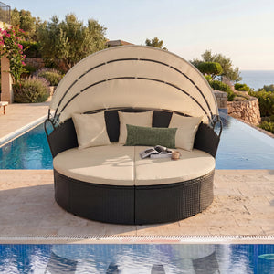 Spacious and comfortable seat for lying down<br>Convertible design for versatile use as a conversation set<br>Cozy cushions and pillows with high-density fillings<br>Easy maintenance with smooth zippers on cushions<br>Adjustable and retractable canopy for