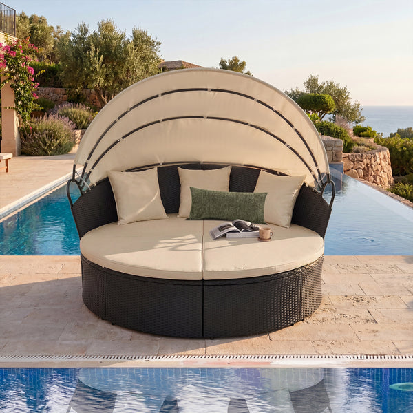Spacious and comfortable seat for lying down<br>Convertible design for versatile use as a conversation set<br>Cozy cushions and pillows with high-density fillings<br>Easy maintenance with smooth zippers on cushions<br>Adjustable and retractable canopy for