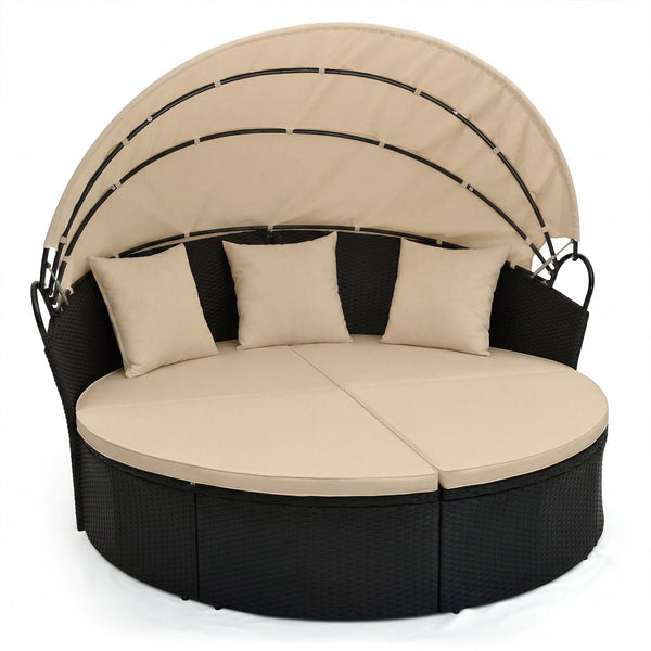 Spacious and comfortable seat for lying down<br>Convertible design for versatile use as a conversation set<br>Cozy cushions and pillows with high-density fillings<br>Easy maintenance with smooth zippers on cushions<br>Adjustable and retractable canopy for