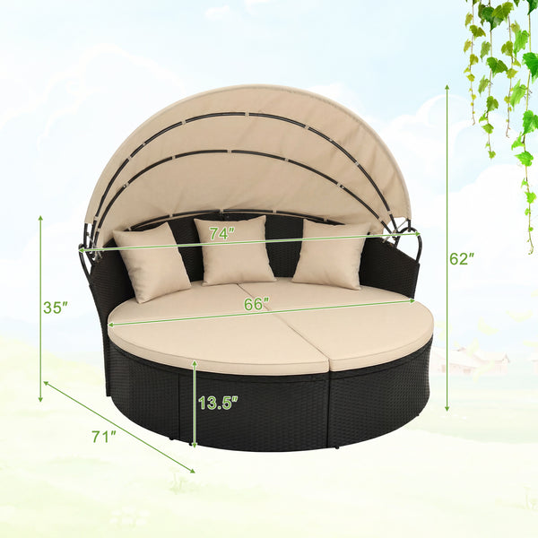 Spacious and comfortable seat for lying down<br>Convertible design for versatile use as a conversation set<br>Cozy cushions and pillows with high-density fillings<br>Easy maintenance with smooth zippers on cushions<br>Adjustable and retractable canopy for