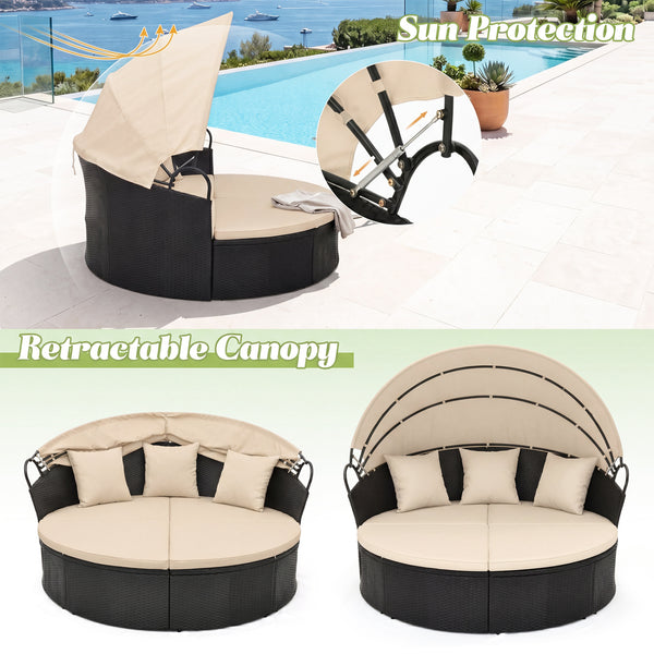 Spacious and comfortable seat for lying down<br>Convertible design for versatile use as a conversation set<br>Cozy cushions and pillows with high-density fillings<br>Easy maintenance with smooth zippers on cushions<br>Adjustable and retractable canopy for