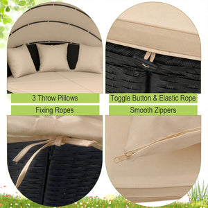 Spacious and comfortable seat for lying down<br>Convertible design for versatile use as a conversation set<br>Cozy cushions and pillows with high-density fillings<br>Easy maintenance with smooth zippers on cushions<br>Adjustable and retractable canopy for