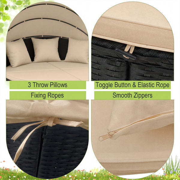 Spacious and comfortable seat for lying down<br>Convertible design for versatile use as a conversation set<br>Cozy cushions and pillows with high-density fillings<br>Easy maintenance with smooth zippers on cushions<br>Adjustable and retractable canopy for