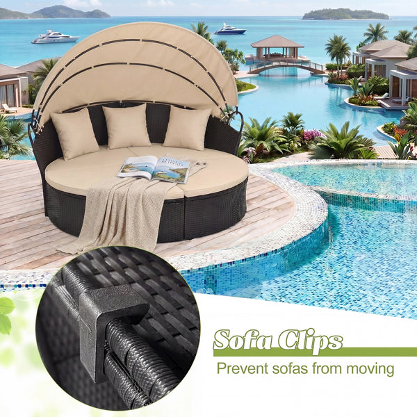Spacious and comfortable seat for lying down<br>Convertible design for versatile use as a conversation set<br>Cozy cushions and pillows with high-density fillings<br>Easy maintenance with smooth zippers on cushions<br>Adjustable and retractable canopy for