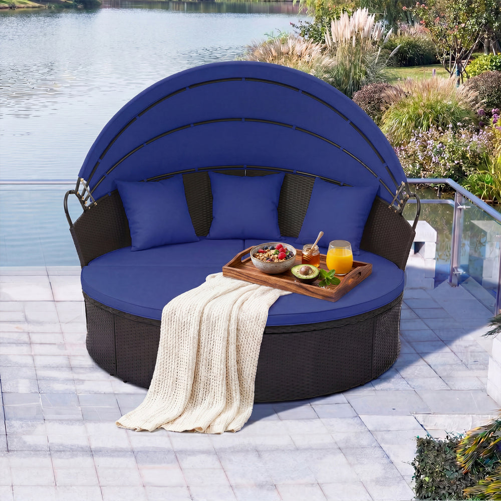 Spacious and comfortable seat for lying down<br>Convertible design for versatile use as a conversation set<br>Cozy cushions and pillows with high-density fillings<br>Easy maintenance with smooth zippers on cushions<br>Adjustable and retractable canopy for