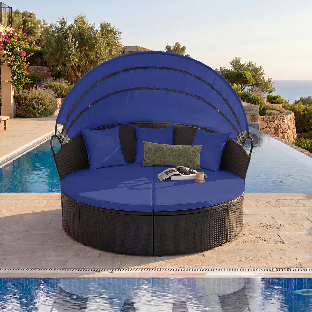 Spacious and comfortable seat for lying down<br>Convertible design for versatile use as a conversation set<br>Cozy cushions and pillows with high-density fillings<br>Easy maintenance with smooth zippers on cushions<br>Adjustable and retractable canopy for