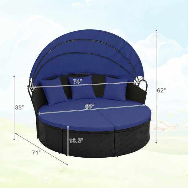 Spacious and comfortable seat for lying down<br>Convertible design for versatile use as a conversation set<br>Cozy cushions and pillows with high-density fillings<br>Easy maintenance with smooth zippers on cushions<br>Adjustable and retractable canopy for