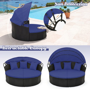 Spacious and comfortable seat for lying down<br>Convertible design for versatile use as a conversation set<br>Cozy cushions and pillows with high-density fillings<br>Easy maintenance with smooth zippers on cushions<br>Adjustable and retractable canopy for