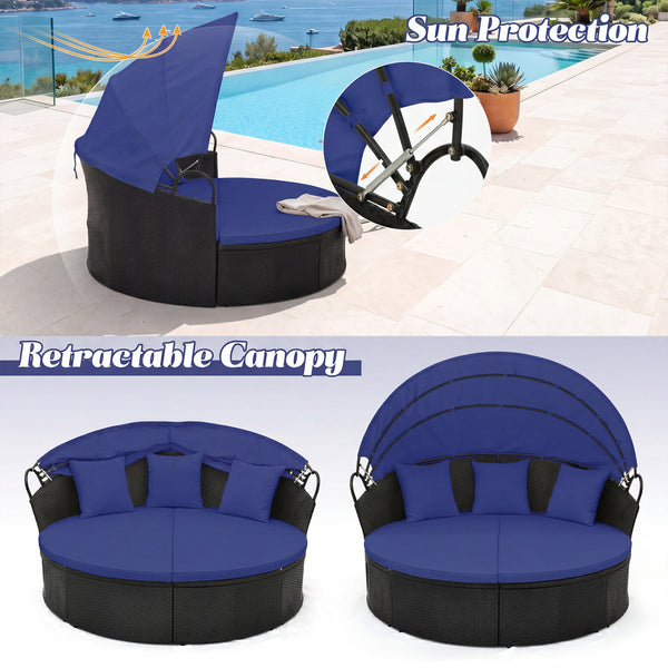 Spacious and comfortable seat for lying down<br>Convertible design for versatile use as a conversation set<br>Cozy cushions and pillows with high-density fillings<br>Easy maintenance with smooth zippers on cushions<br>Adjustable and retractable canopy for