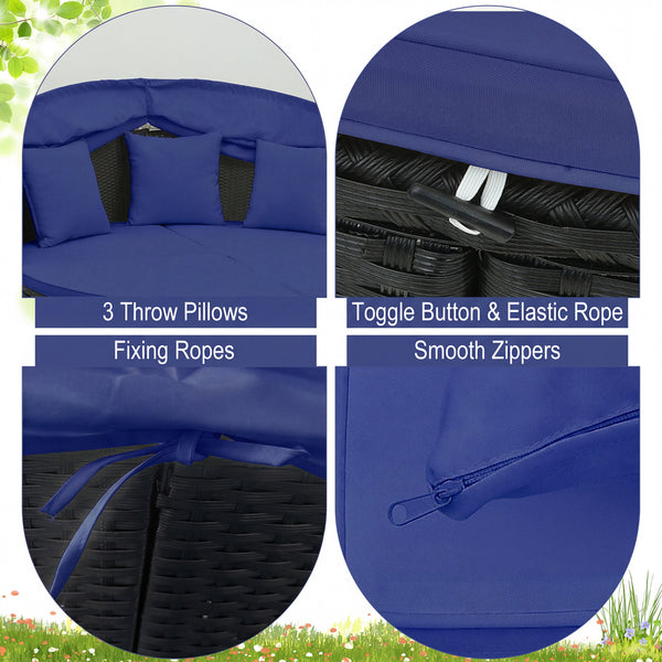 Spacious and comfortable seat for lying down<br>Convertible design for versatile use as a conversation set<br>Cozy cushions and pillows with high-density fillings<br>Easy maintenance with smooth zippers on cushions<br>Adjustable and retractable canopy for