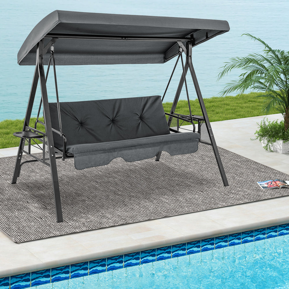 Perfect as a swing chair or a flat bed<br>60.5" wide seat accommodates up to 3 people<br>High-strength metal frame supports up to 1000 lbs<br>Large canopy offers considerate sun protection<br>Twist the knob to easily adjust the canopy angle<br>Comes with 