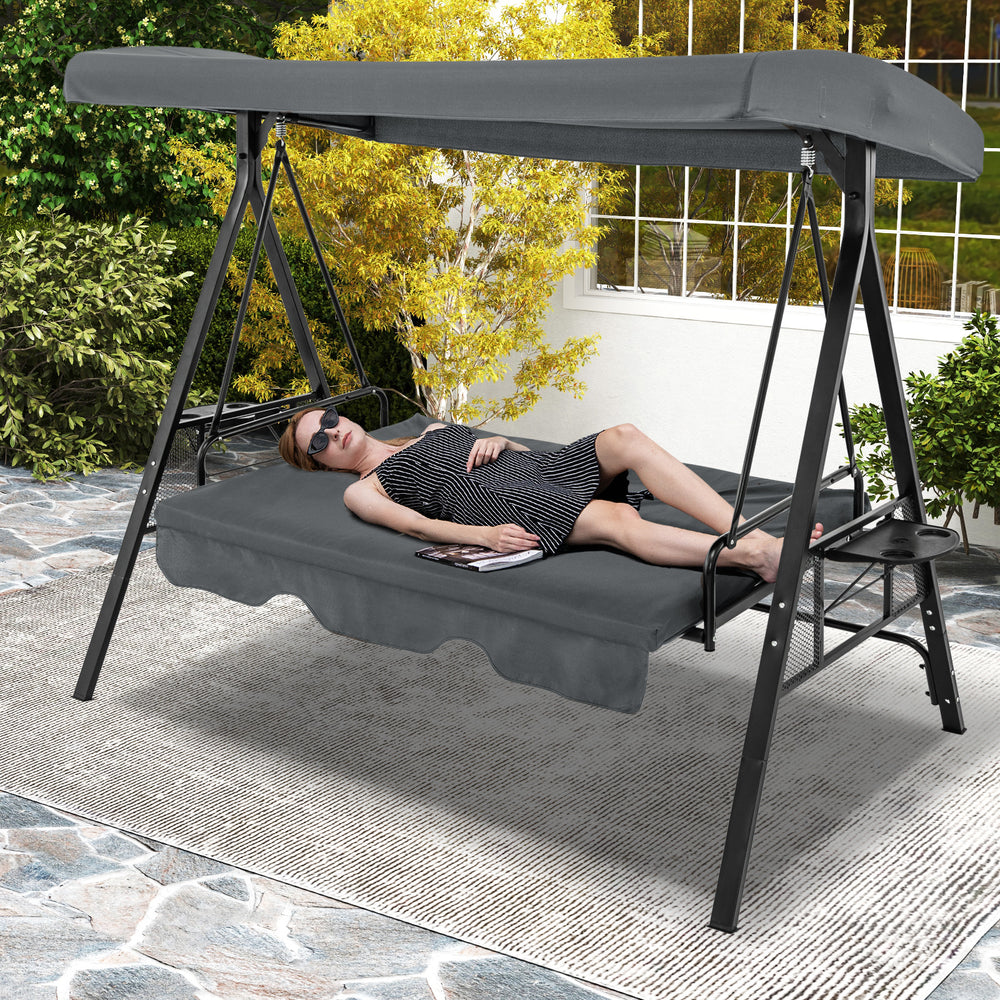 Perfect as a swing chair or a flat bed<br>60.5" wide seat accommodates up to 3 people<br>High-strength metal frame supports up to 1000 lbs<br>Large canopy offers considerate sun protection<br>Twist the knob to easily adjust the canopy angle<br>Comes with 