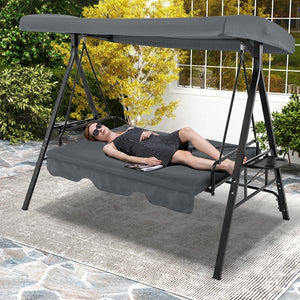 Perfect as a swing chair or a flat bed<br>60.5" wide seat accommodates up to 3 people<br>High-strength metal frame supports up to 1000 lbs<br>Large canopy offers considerate sun protection<br>Twist the knob to easily adjust the canopy angle<br>Comes with 