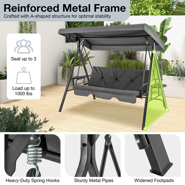 Perfect as a swing chair or a flat bed<br>60.5" wide seat accommodates up to 3 people<br>High-strength metal frame supports up to 1000 lbs<br>Large canopy offers considerate sun protection<br>Twist the knob to easily adjust the canopy angle<br>Comes with 