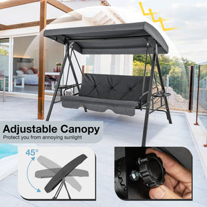 Perfect as a swing chair or a flat bed<br>60.5" wide seat accommodates up to 3 people<br>High-strength metal frame supports up to 1000 lbs<br>Large canopy offers considerate sun protection<br>Twist the knob to easily adjust the canopy angle<br>Comes with 